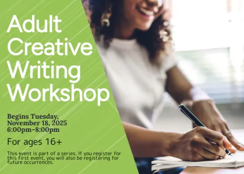 Adult Creative Writing Workshop Woman Writing Green Background